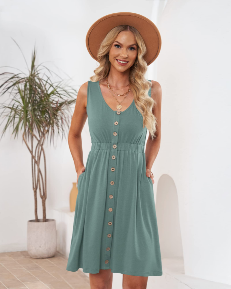 Rochie de vară de damă Claire – Decolteu în V, croială în A cu buzunare și talie elastică