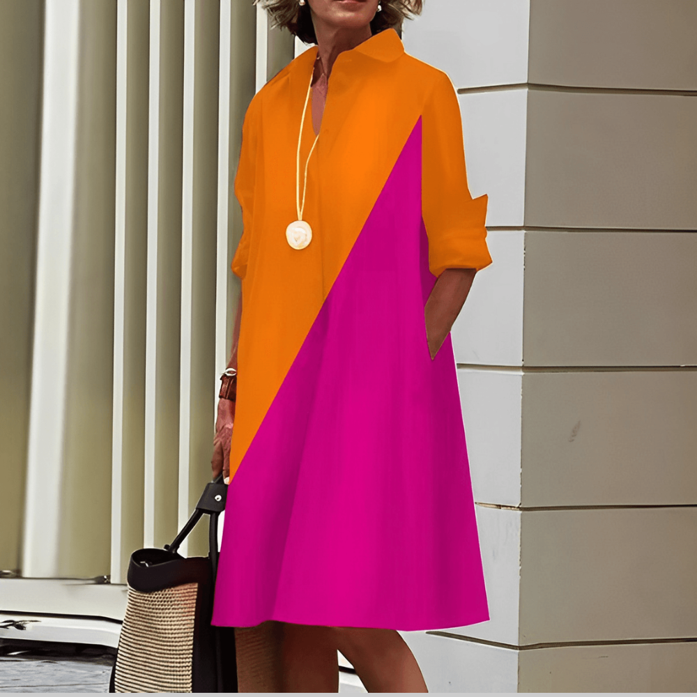 Shiela Abito Donna in Lino – Vestito Elegante Scollo V, Collo Alto, Maniche 3/4 Casual Chic