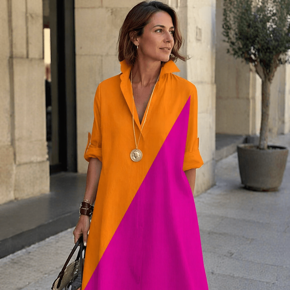 Shiela Abito Donna in Lino – Vestito Elegante Scollo V, Collo Alto, Maniche 3/4 Casual Chic