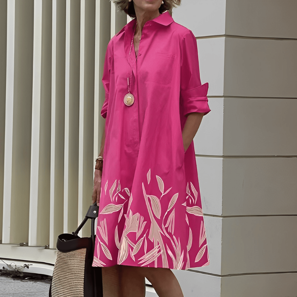 Shiela Abito Donna in Lino – Vestito Elegante Scollo V, Collo Alto, Maniche 3/4 Casual Chic