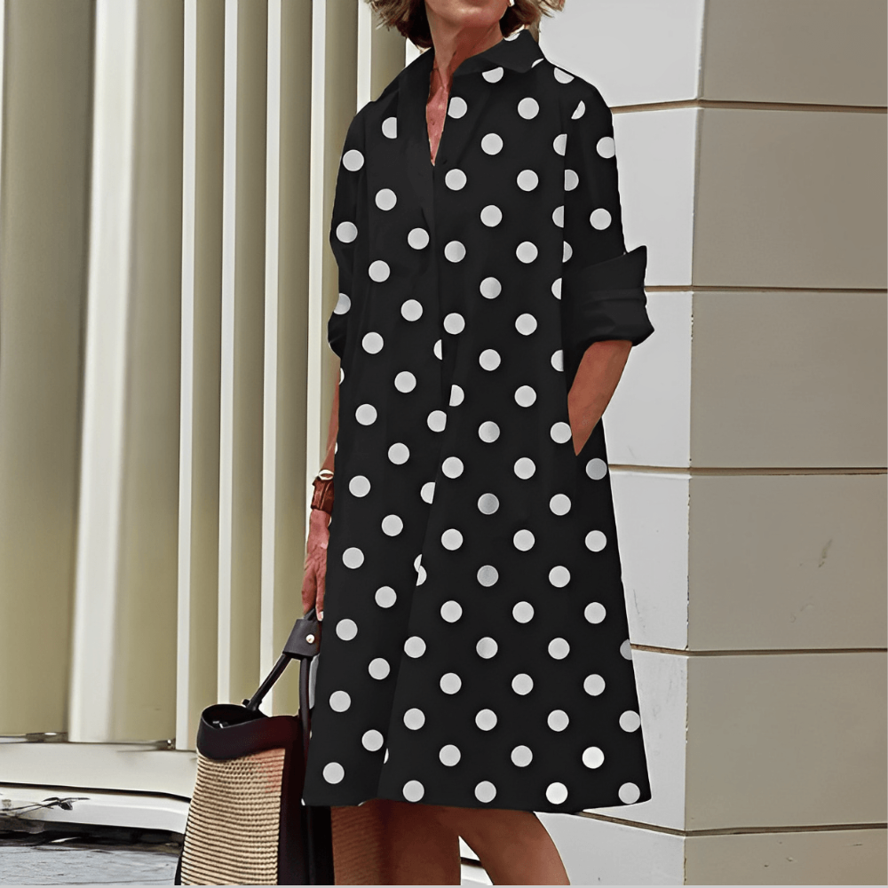 Shiela Abito Donna in Lino – Vestito Elegante Scollo V, Collo Alto, Maniche 3/4 Casual Chic