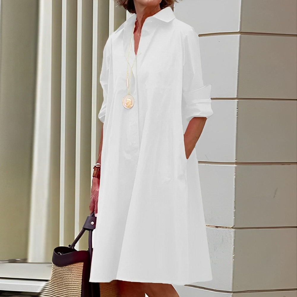 Shiela Abito Donna in Lino – Vestito Elegante Scollo V, Collo Alto, Maniche 3/4 Casual Chic