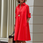 Shiela Abito Donna in Lino – Vestito Elegante Scollo V, Collo Alto, Maniche 3/4 Casual Chic