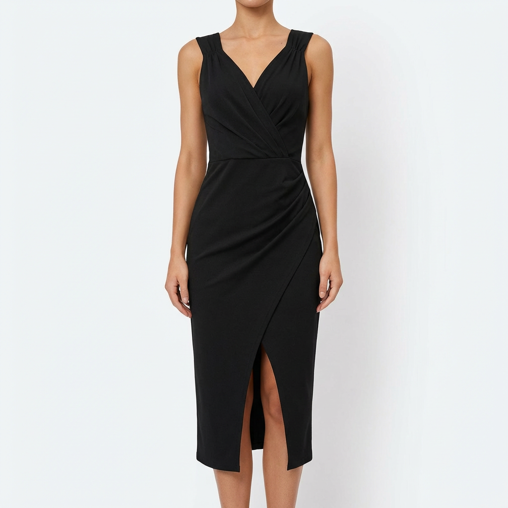 Elena Abito Donna Midi Elegante – Scollo V, Spacco Laterale Senza Maniche