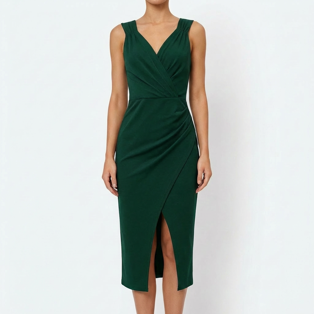 Elena Abito Donna Midi Elegante – Scollo V, Spacco Laterale Senza Maniche