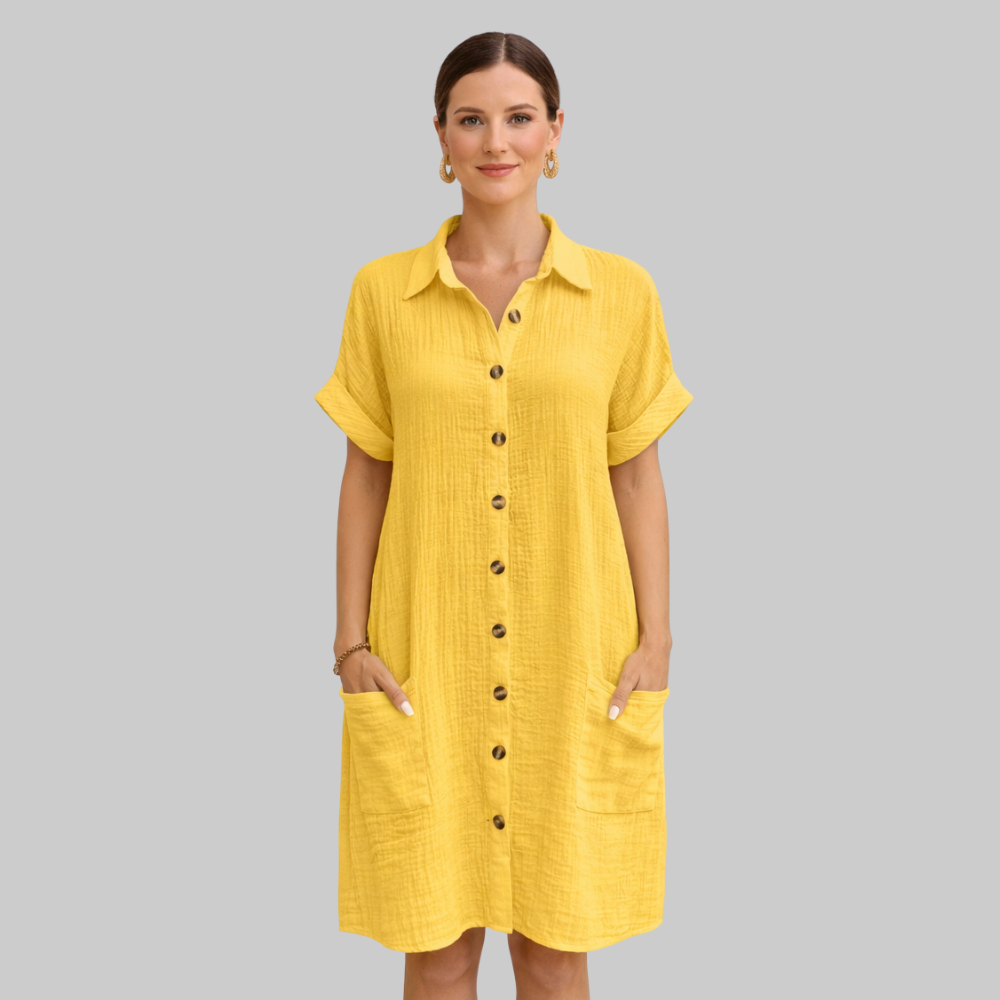 Eloise Vestido Mini de Mujer Vintage de Verano – Vestido de Algodón y Lino con Escote en V