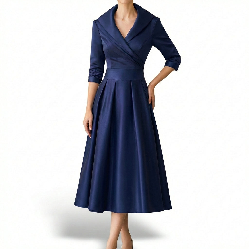 Audrey Robe Femme Midi Portefeuille – Col Revers, Jupe Plissée Élégante Vintage