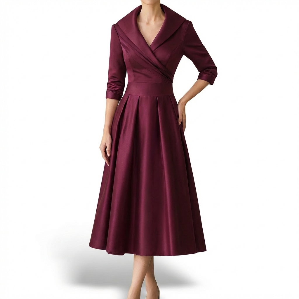 Audrey Robe Femme Midi Portefeuille – Col Revers, Jupe Plissée Élégante Vintage