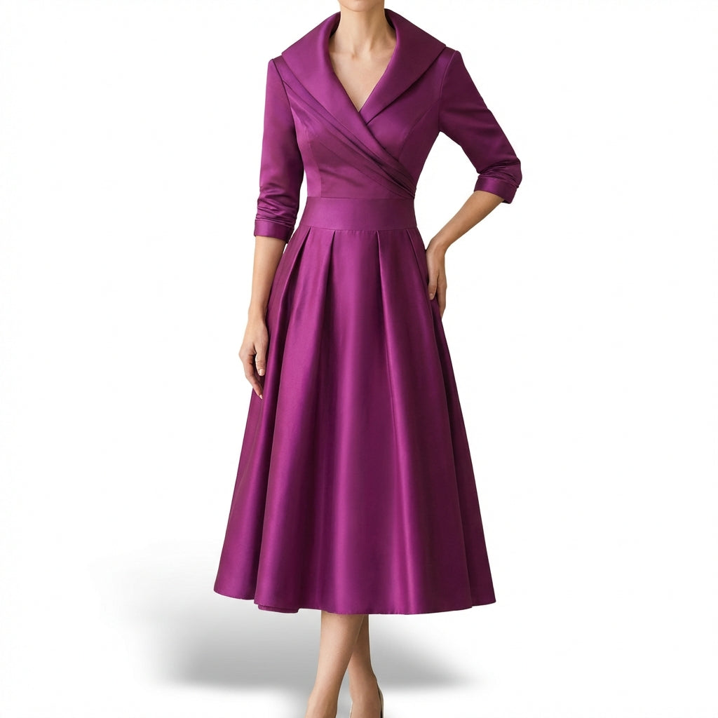 Audrey Robe Femme Midi Portefeuille – Col Revers, Jupe Plissée Élégante Vintage