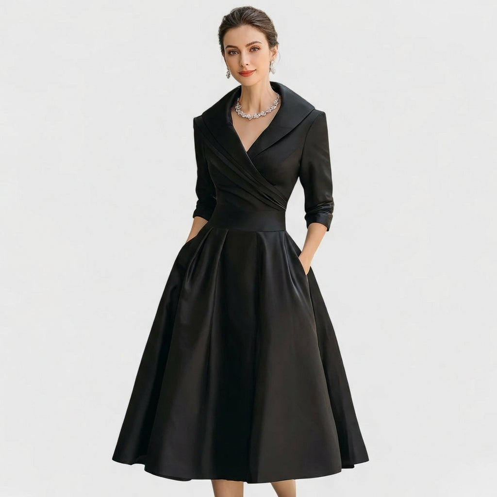 Audrey Robe Femme Midi Portefeuille – Col Revers, Jupe Plissée Élégante Vintage