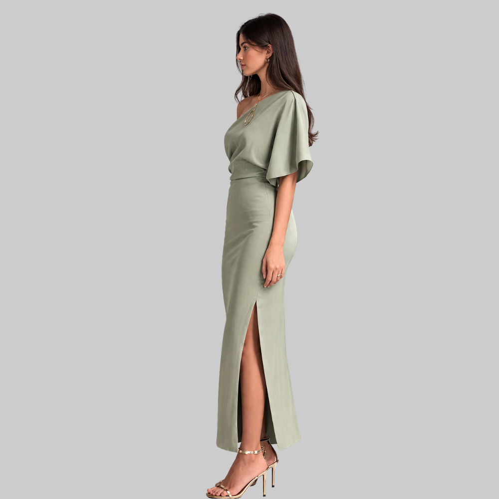Isabella Vestido Mujer Satén Asimétrico – Vestido Elegante de Un Hombro con Abertura Alta