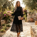 Robe Midi Élégante Valentina Femme – Ligne A Col Montant, Dentelle Manches Longues