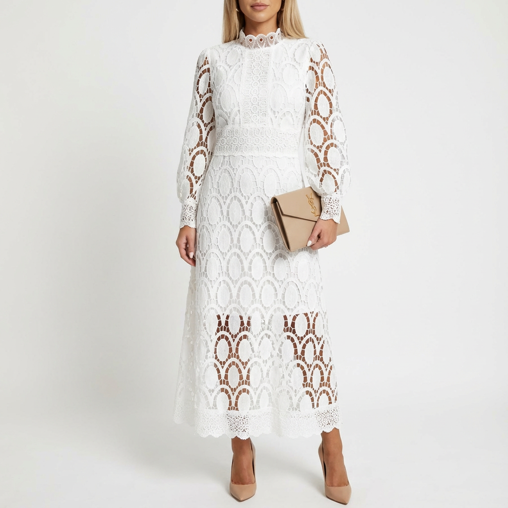 Valentina Abito Donna Midi Elegante – A-Line Collo Alto, Pizzo Maniche Lunghe
