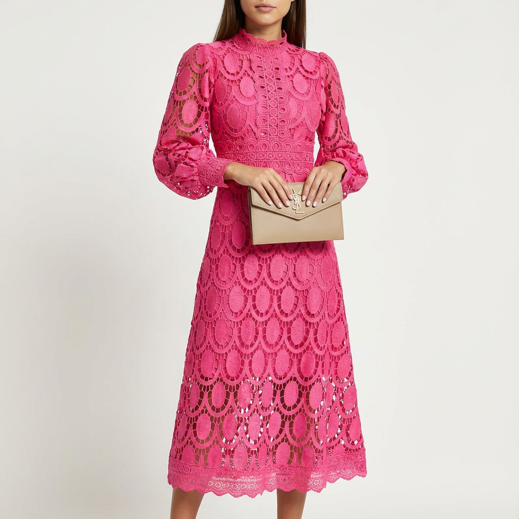 Valentina Abito Donna Midi Elegante – A-Line Collo Alto, Pizzo Maniche Lunghe