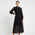 Robe Midi Élégante Valentina Femme – Ligne A Col Montant, Dentelle Manches Longues