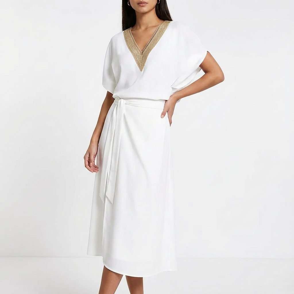 Sofia Abito Donna Midi Wrap – Scollo V, Laccio Vita, Spacco Elegante