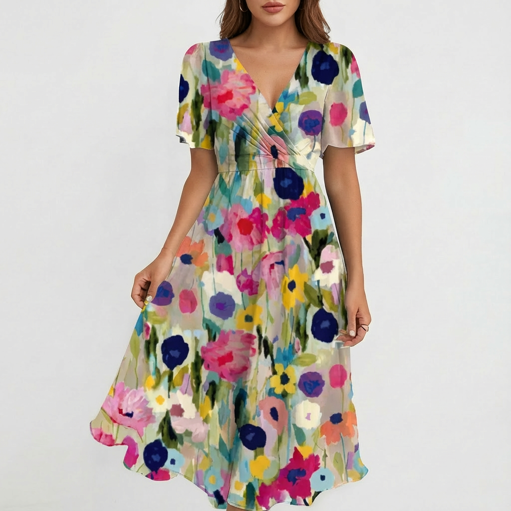 Elisa Abito Donna Midi Floreale – Vestito Incrociato Scollo V Elegante Estivo