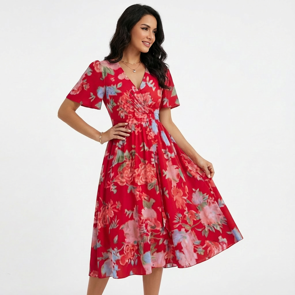 Elisa Abito Donna Midi Floreale – Vestito Incrociato Scollo V Elegante Estivo