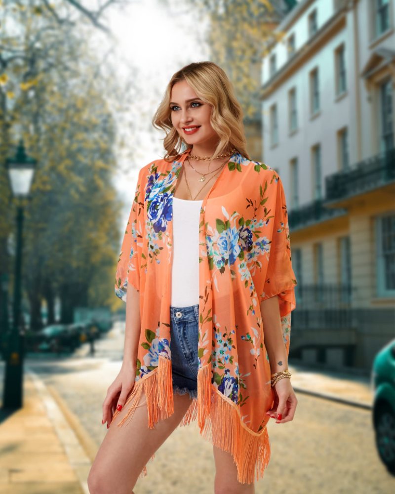 Isabel Kimono Dámsky – Plážový prehoz z boho šifónu oversize s predným rozparkom