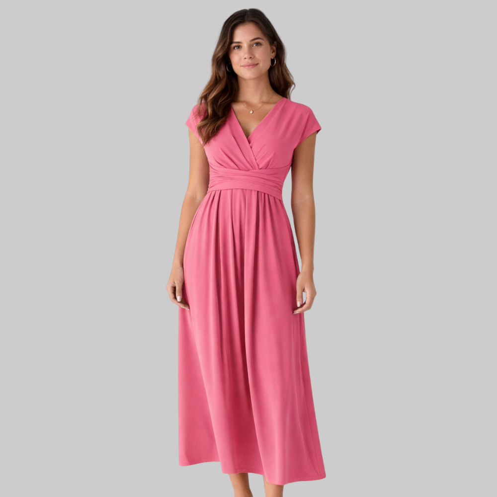 Leona Vestido Midi de Mujer de Verano – Vestido con Escote en V y Lazo Elegante en la Espalda