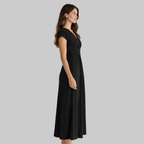 Leona Robe Femme Midi Été – Robe avec Col V et Nœud Dos Élégante