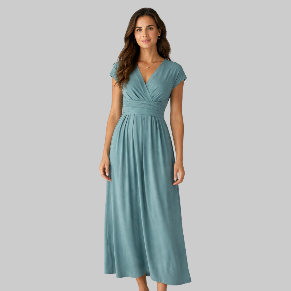 Leona Vestido Midi de Mujer de Verano – Vestido con Escote en V y Lazo Elegante en la Espalda