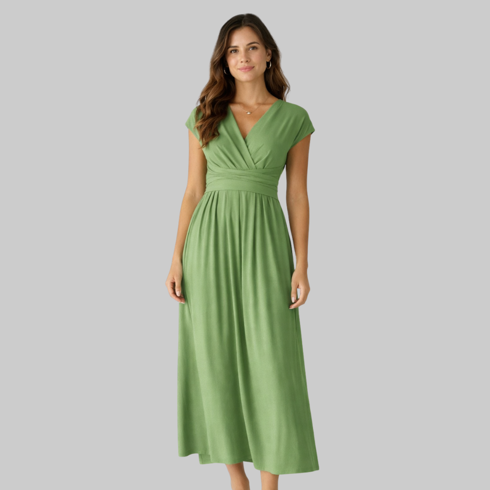 Leona Vestido Midi de Mujer de Verano – Vestido con Escote en V y Lazo Elegante en la Espalda