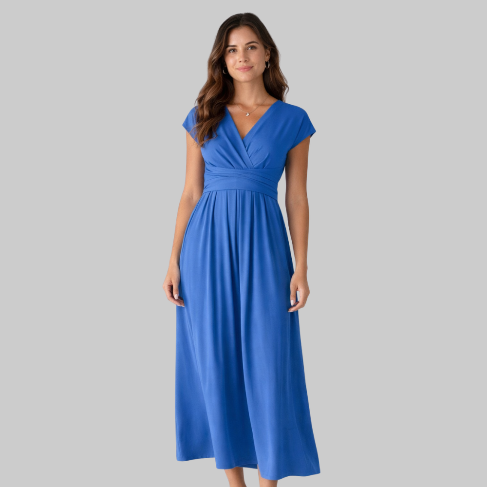 Leona Robe Femme Midi Été – Robe avec Col V et Nœud Dos Élégante