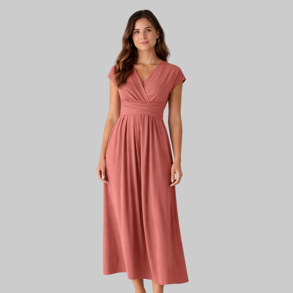 Leona Vestido Midi de Mujer de Verano – Vestido con Escote en V y Lazo Elegante en la Espalda