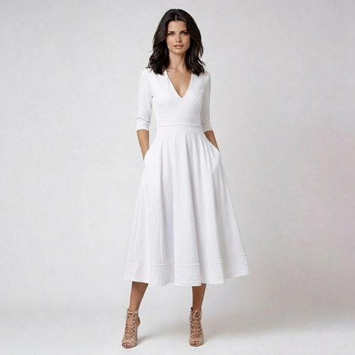 Aurora Women's Midi Dress Ivory – V-Neck, 3/4 Sleeves, Elegant Ceremony