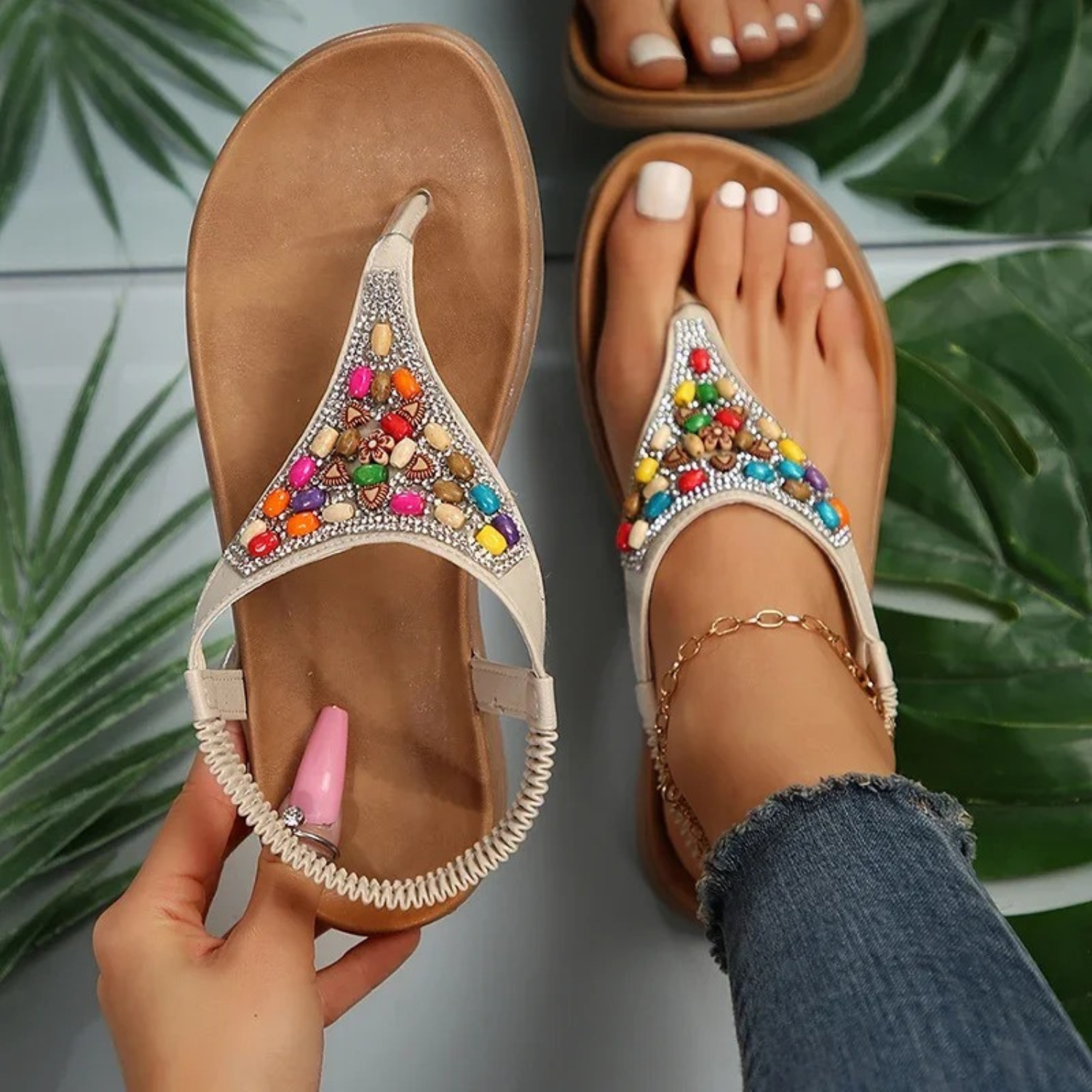 Giulia Sandali Donna Perline – Cinturino T, Suola Flessibile Elegante Estivo