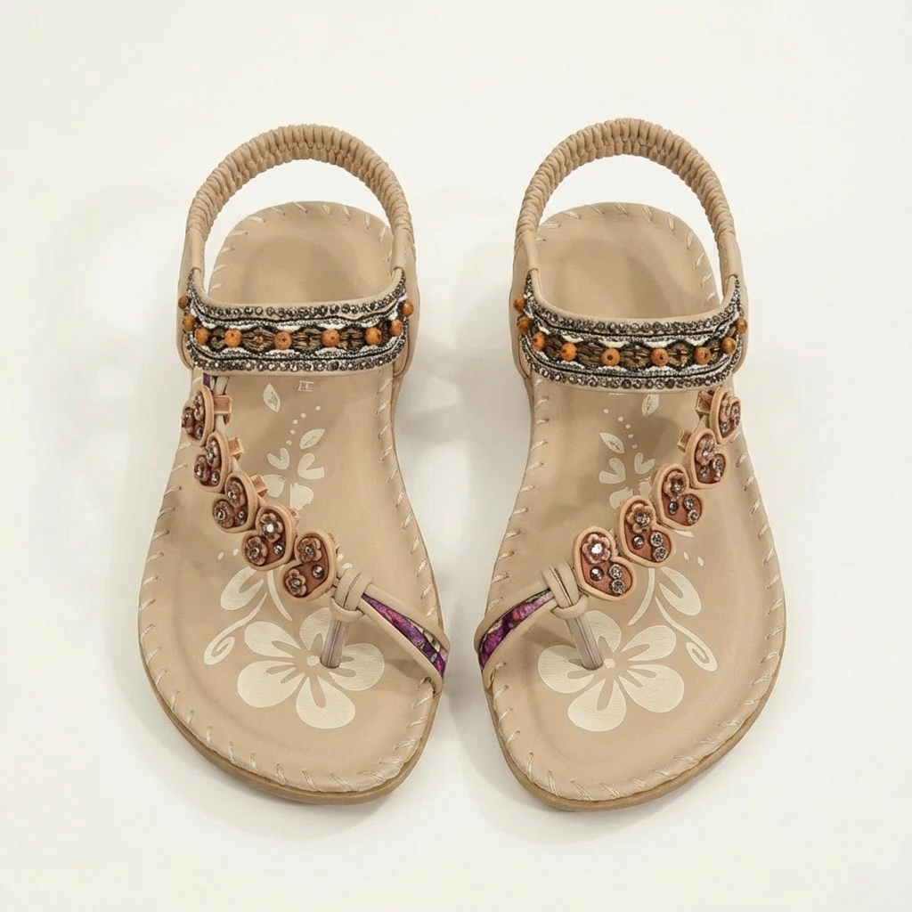 Luna Sandali Donna Boho – Perline Floreali, Suola Piatta, Cinturino Estivo