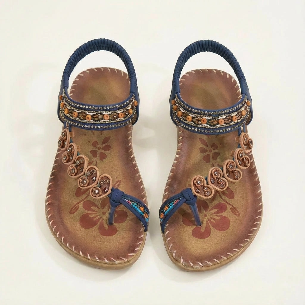 Luna Sandali Donna Boho – Perline Floreali, Suola Piatta, Cinturino Estivo