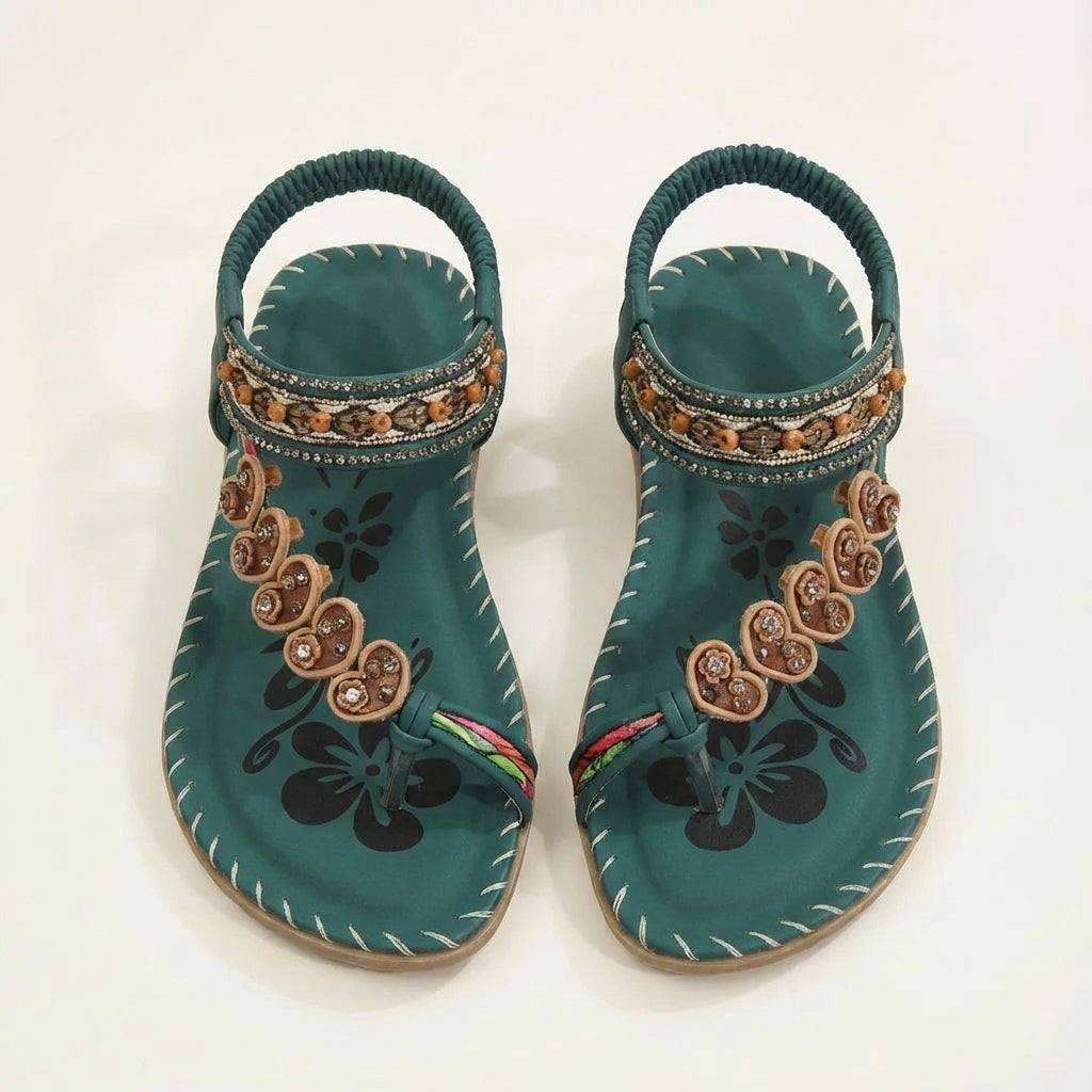 Luna Sandali Donna Boho – Perline Floreali, Suola Piatta, Cinturino Estivo