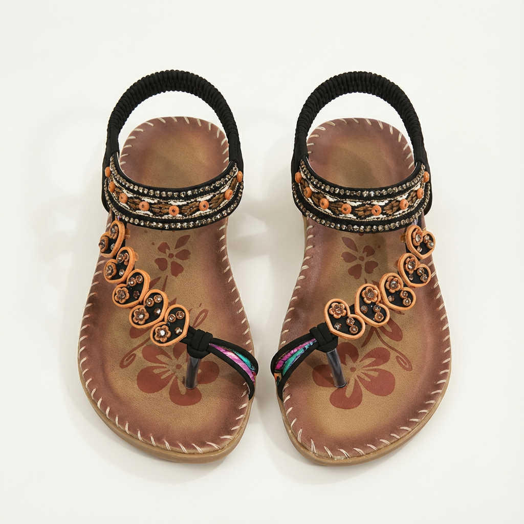 Luna Sandali Donna Boho – Perline Floreali, Suola Piatta, Cinturino Estivo
