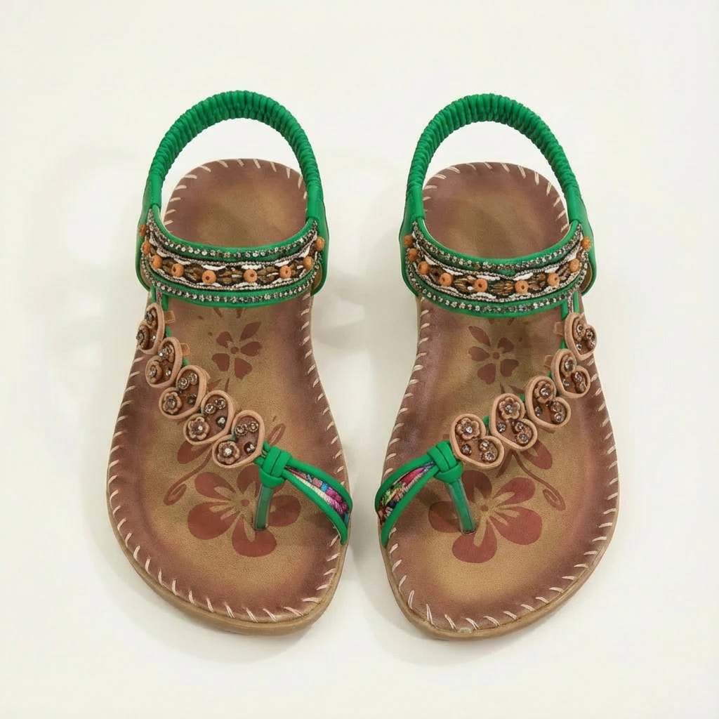 Luna Sandali Donna Boho – Perline Floreali, Suola Piatta, Cinturino Estivo