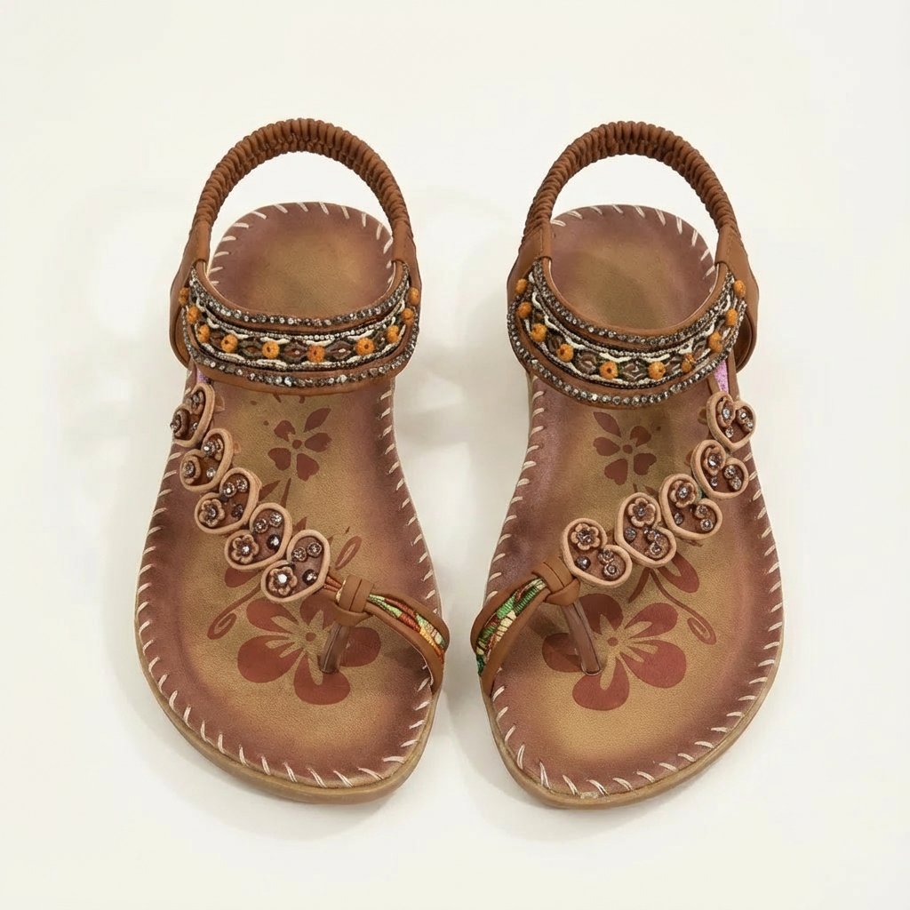 Luna Sandales Femme Bohème – Perles Florales, Semelle Plate, Bride d'Été