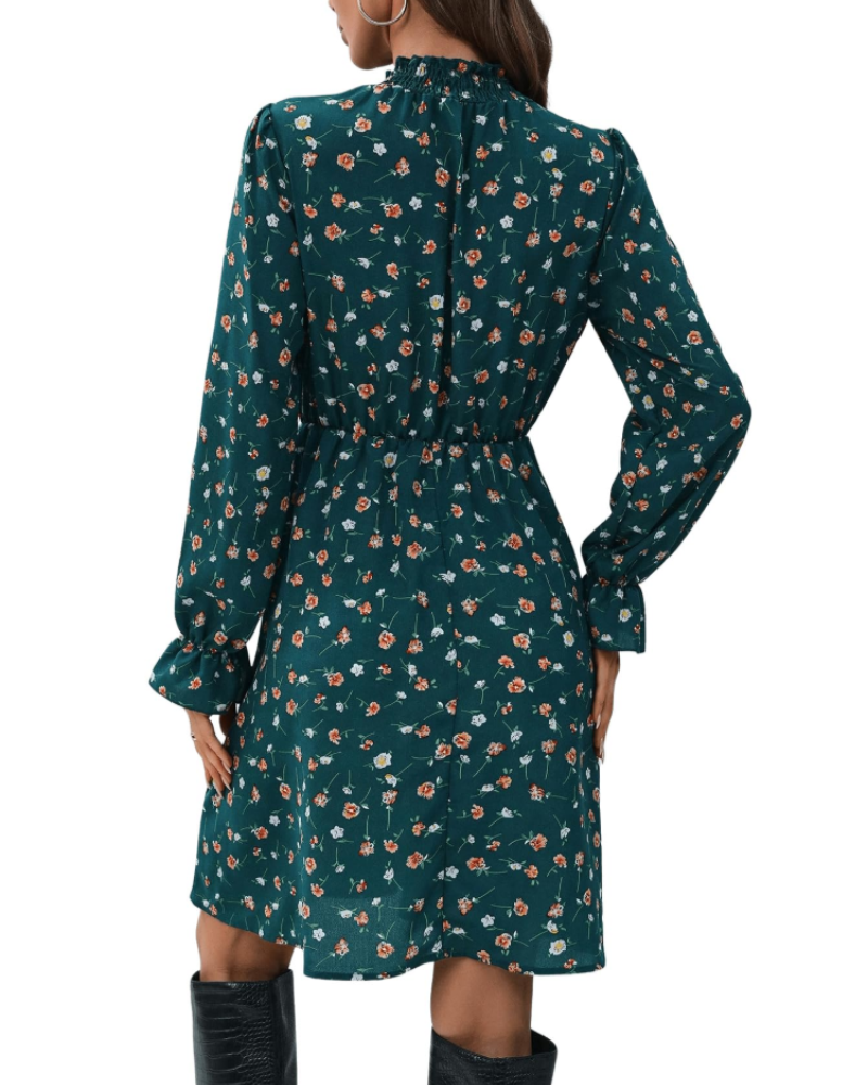 Ruby Vestido de Mujer – Mini Vestido Floral en Línea A con Cuello Alto, Volantes y Mangas Largas