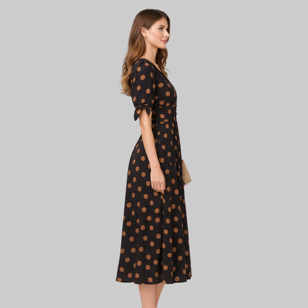 Melodie Abito Donna Midi a Pois – Vestito Estivo Elegante con Scollo a V A-Line