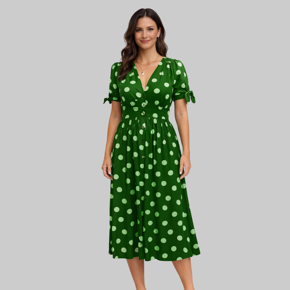 Melodie Abito Donna Midi a Pois – Vestito Estivo Elegante con Scollo a V A-Line