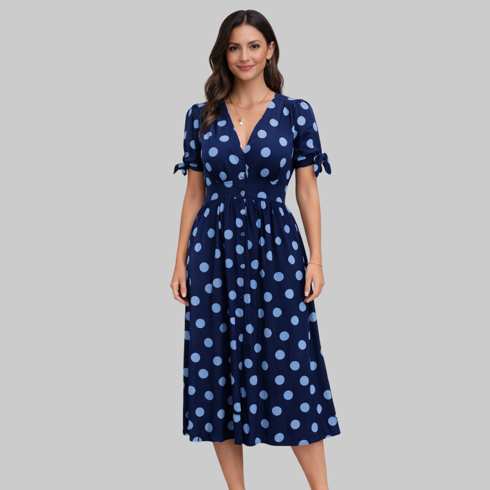 Melodie Abito Donna Midi a Pois – Vestito Estivo Elegante con Scollo a V A-Line