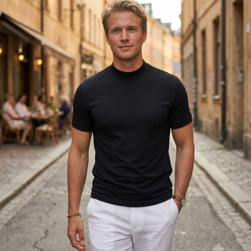 Matteo Maglia Mock Neck da Uomo – T-Shirt Elegante Elasticizzata a Maniche Corte