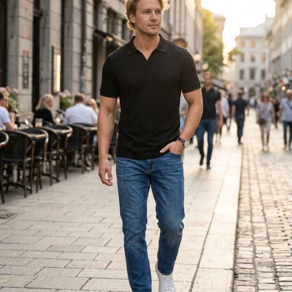 Marco Polo Hombre Slim Fit – Polo de Canalé con Cuello en V Casual Elegante