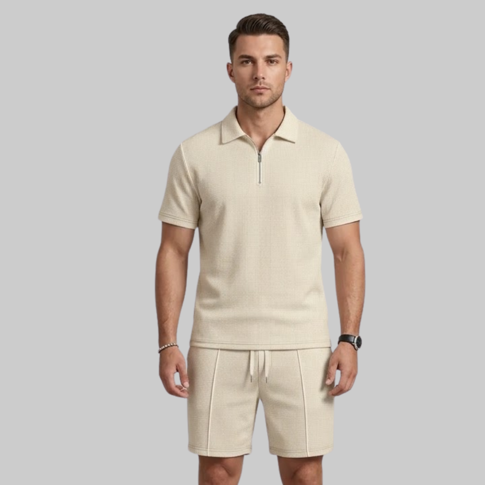 Sevi Conjunto Hombre Verano Dos Piezas – Traje Waffle con Camisa con Cremallera y Pantalones Cortos
