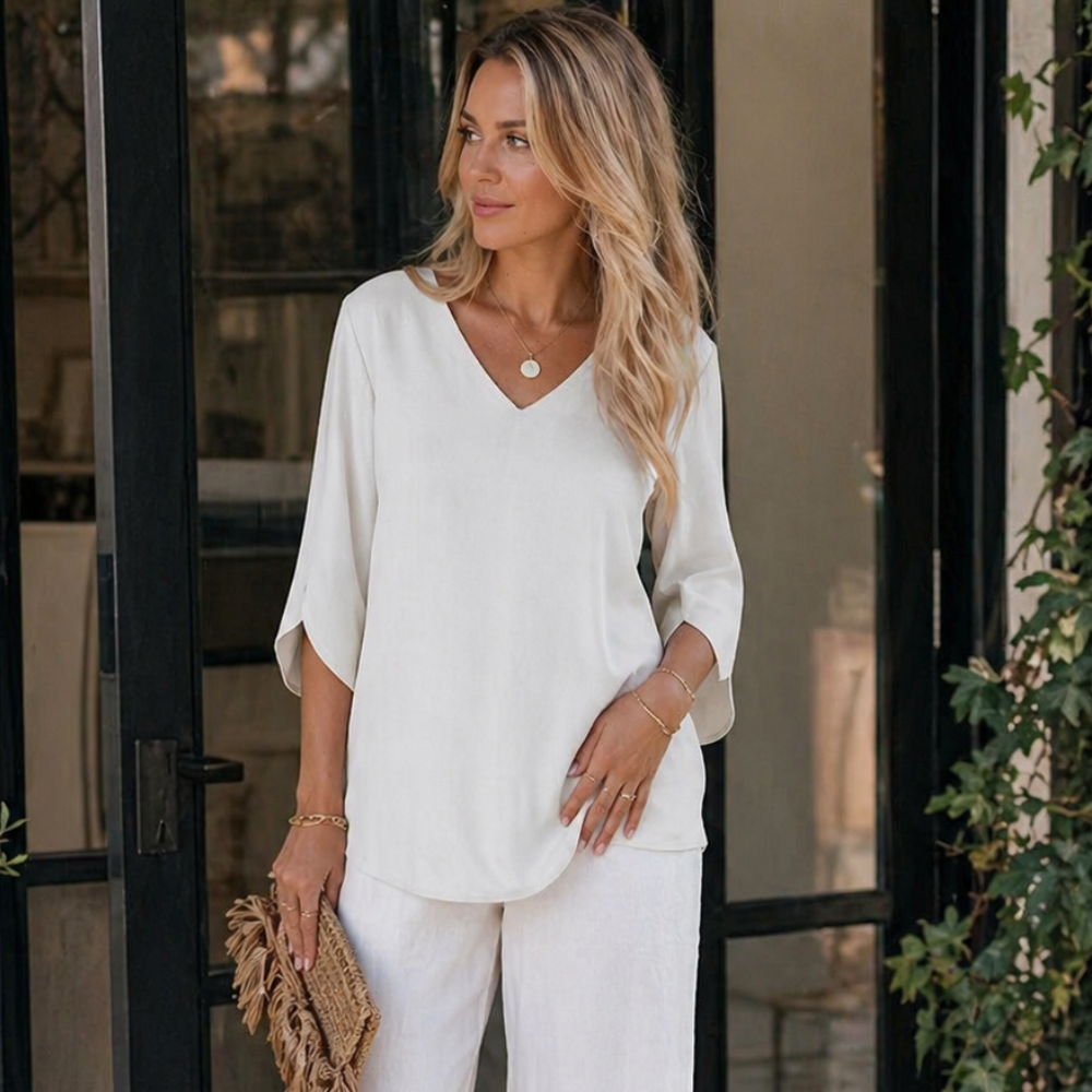Blouse Annabella Femme Élégante – Col V, Manches Évasées, Légère Décontractée Chic