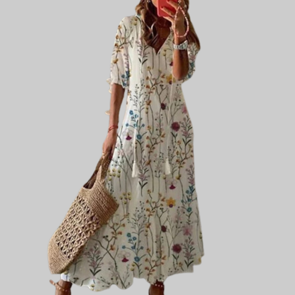 Zarya Robe Boho Femme – Maxi Robe Fluide avec Décolleté en V & Coupe Souple