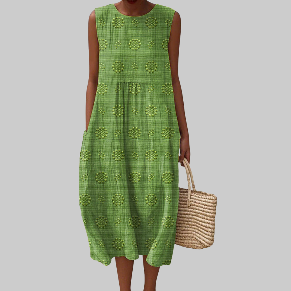 Trisha Abito Midi Donna – Vestito Senza Maniche in Cotone con Tasche & Ricamo Floreale