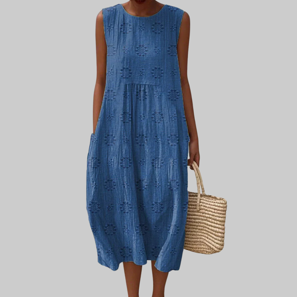 Trisha Abito Midi Donna – Vestito Senza Maniche in Cotone con Tasche & Ricamo Floreale