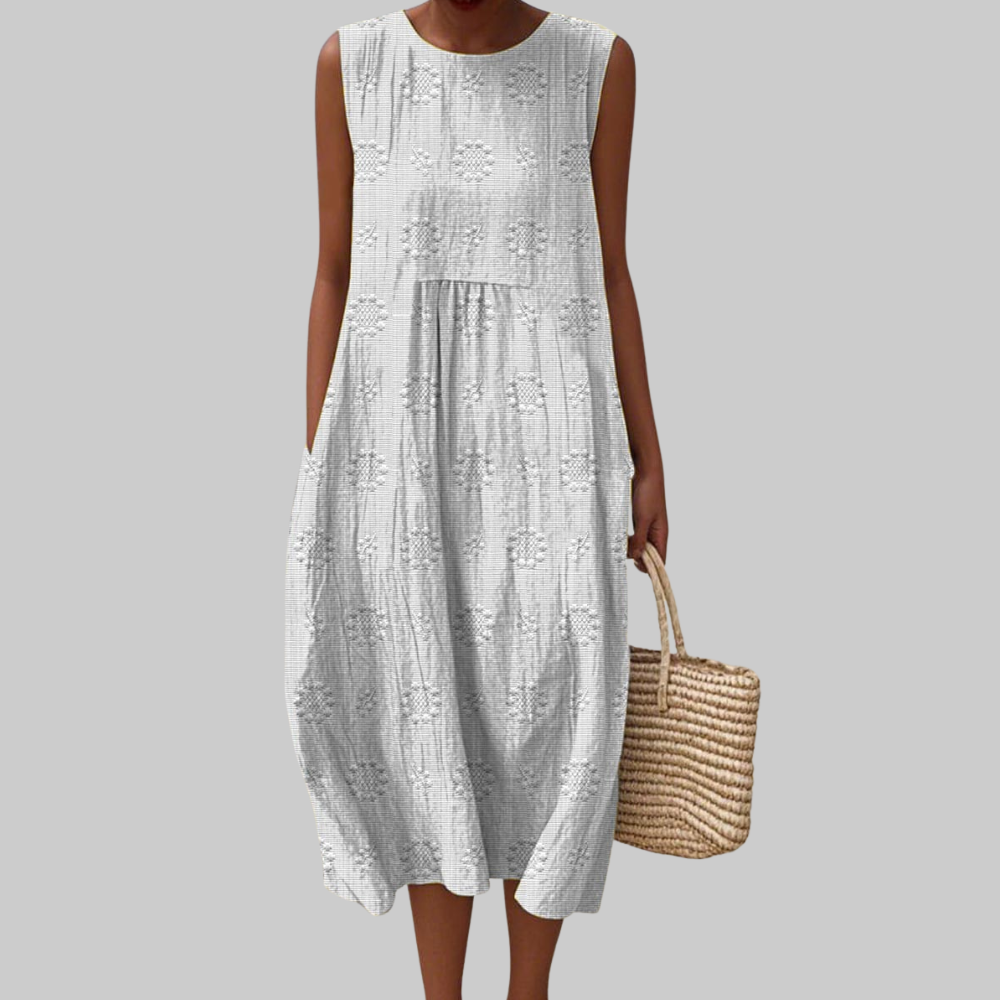 Trisha Abito Midi Donna – Vestito Senza Maniche in Cotone con Tasche & Ricamo Floreale