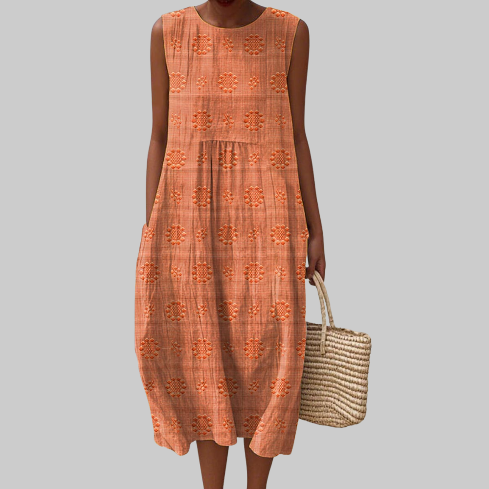 Trisha Abito Midi Donna – Vestito Senza Maniche in Cotone con Tasche & Ricamo Floreale